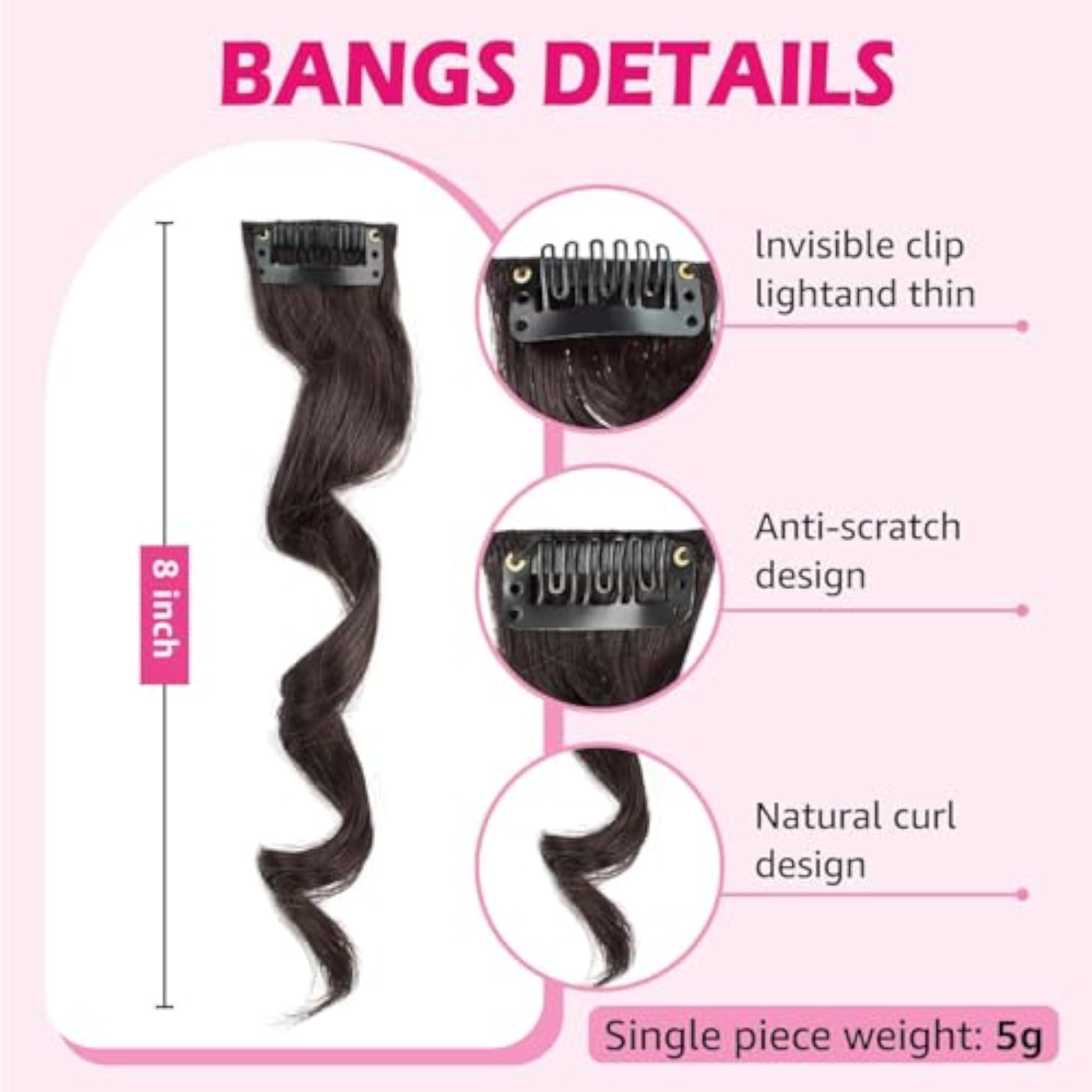 Brown Wavy Curly Clip on Bangs for Women, 2Pcs Set